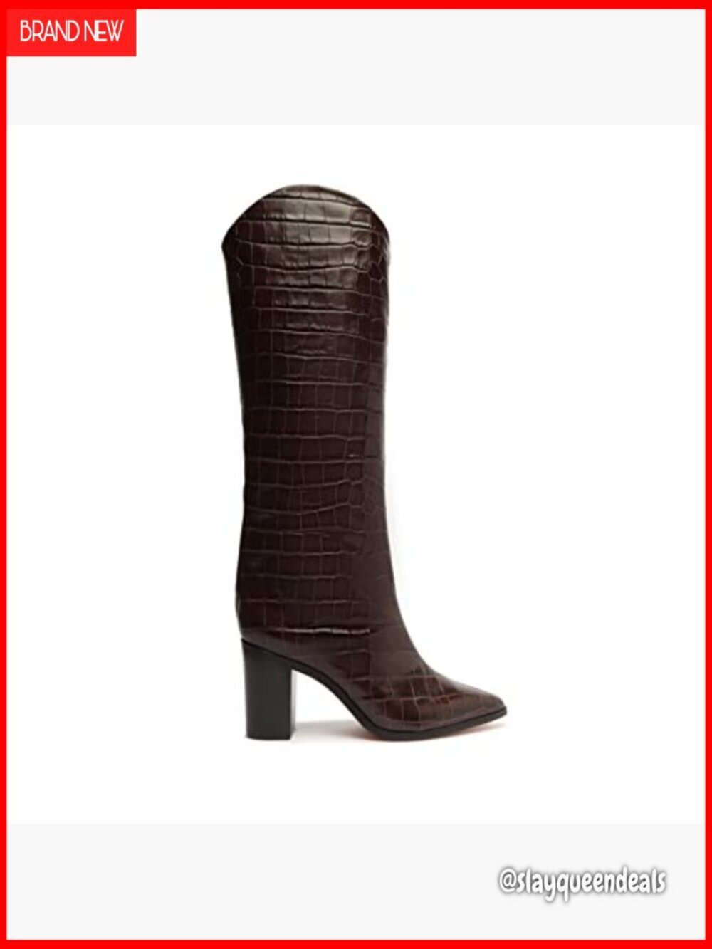 Knee-High Block Heel Boots Crocodile Embossed Leather Zip Closure - Picture 3 of 7